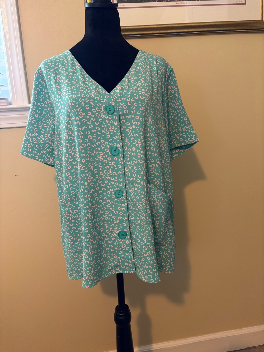 Doe & Rae Mint green V-Neck ShortSleeve Button-Front Blouse with Animal Print